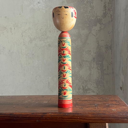 Traditional Japanese Folk Art Kokeshi Doll - Green & Red Flowers