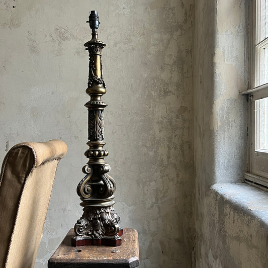 19th Century Gilt Brass Column Table Lamp