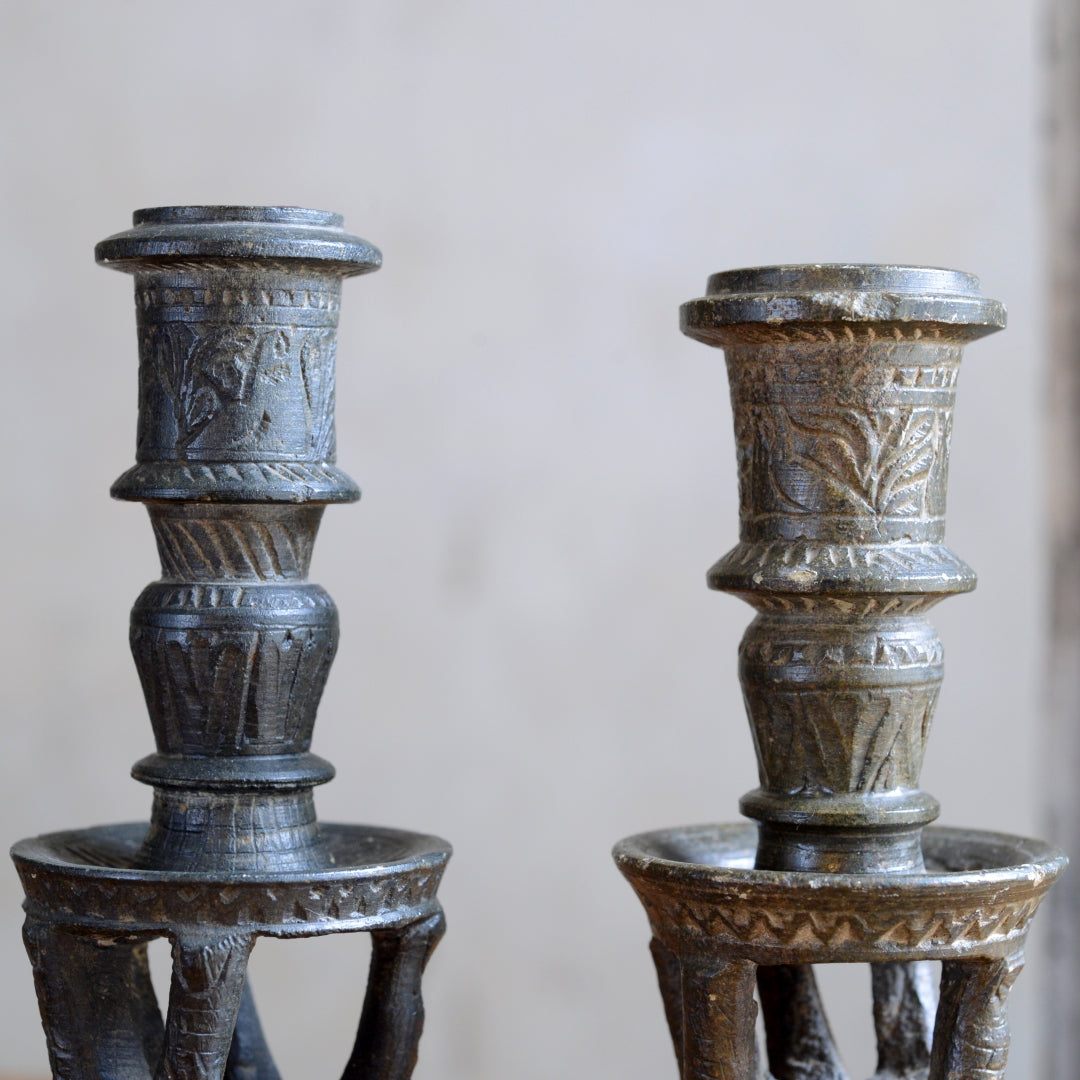 Hand Carved Soapstone Candlesticks - Leather Bases
