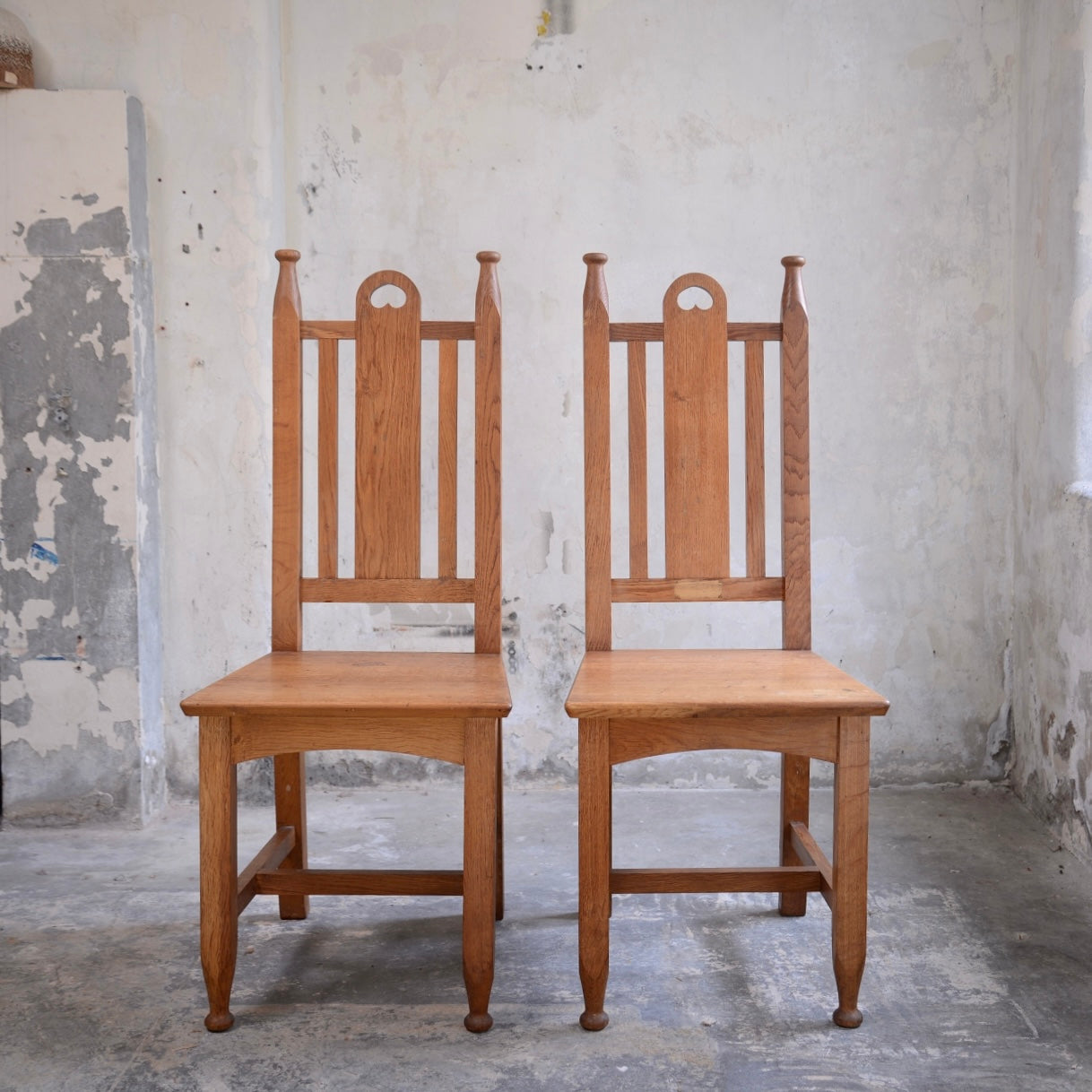 Pair Ecclesiastical Arts and Crafts Side Chairs - Heart motifs