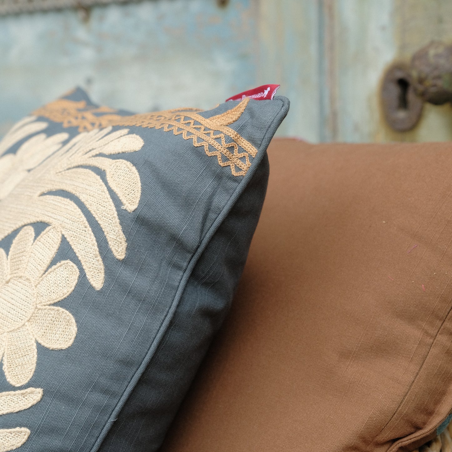 Embroidered Cushion - Blue Cream & Gold