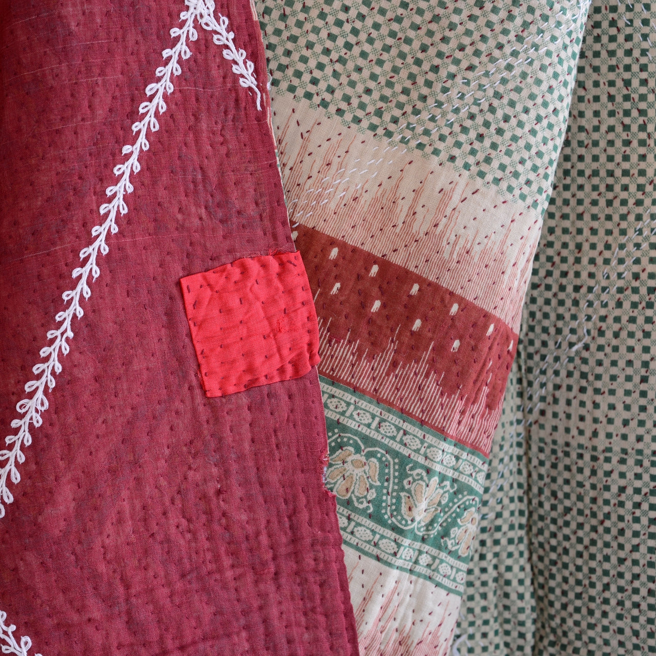 Vintage Finestitch Kantha Quilt with Suzani Embroidery - E