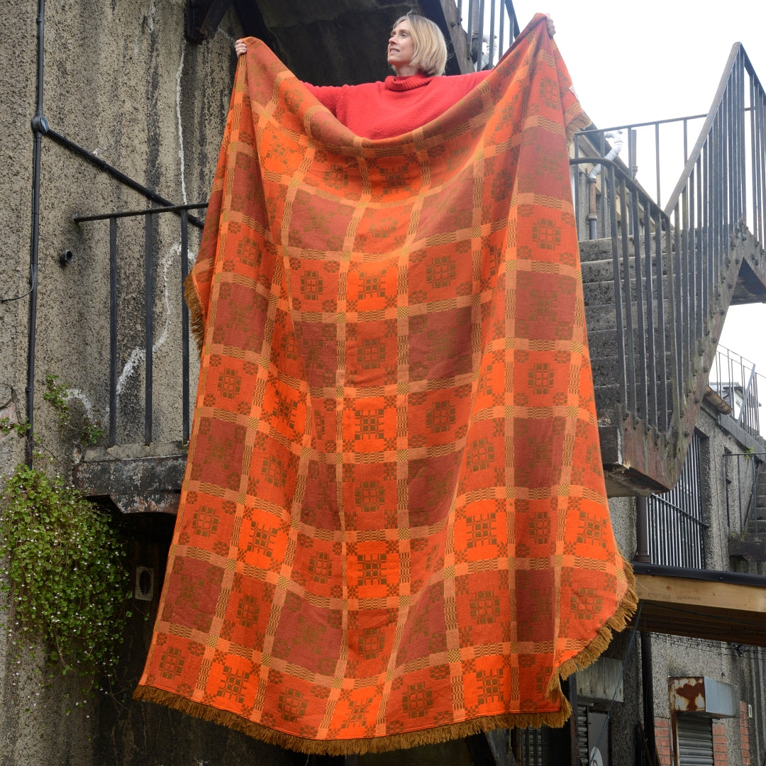 Burnt Orange Welsh Blanket Bedspread - Merion Mill 1960’s - 2.5m by 2.5m