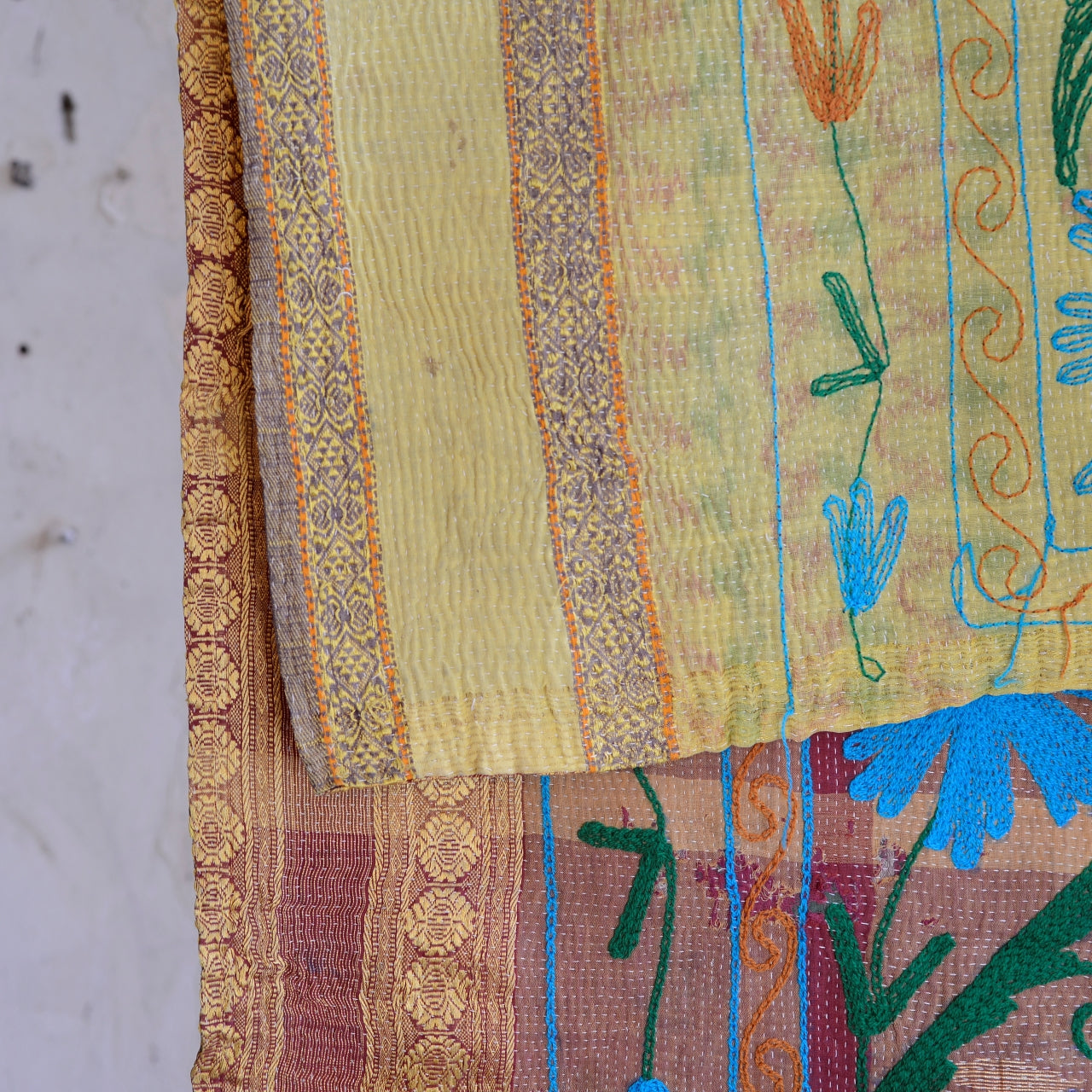 Vintage Finestitch Kantha Quilt with Suzani Embroidery - N