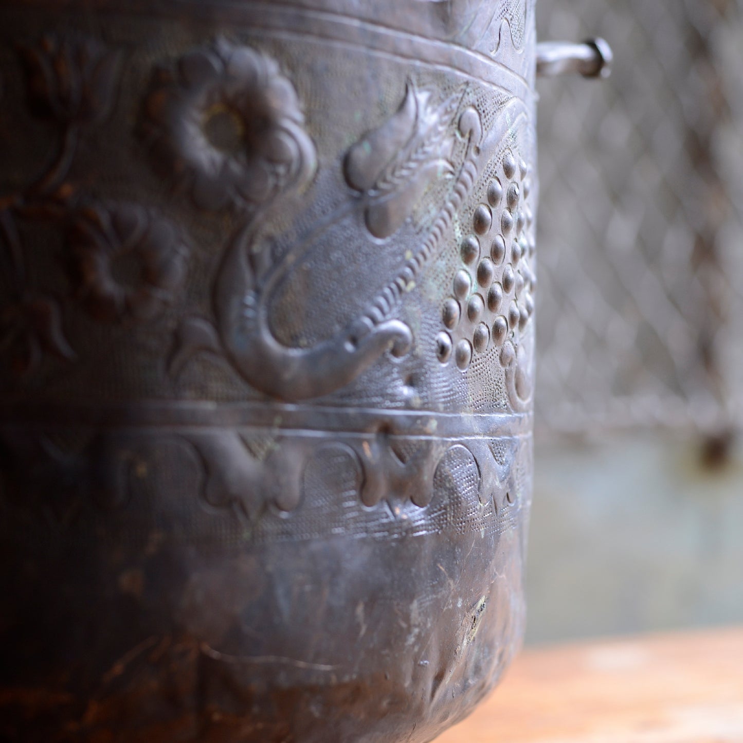 Antique Hand Embossed and Chiselled Decorative Copper Bucket