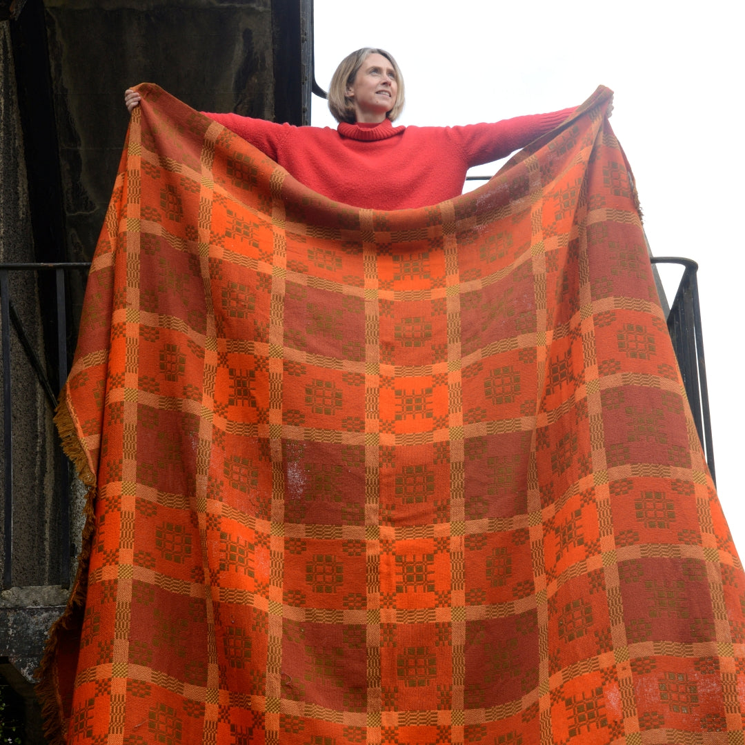 Burnt Orange Welsh Blanket Bedspread - Merion Mill 1960’s - 2.5m by 2.5m