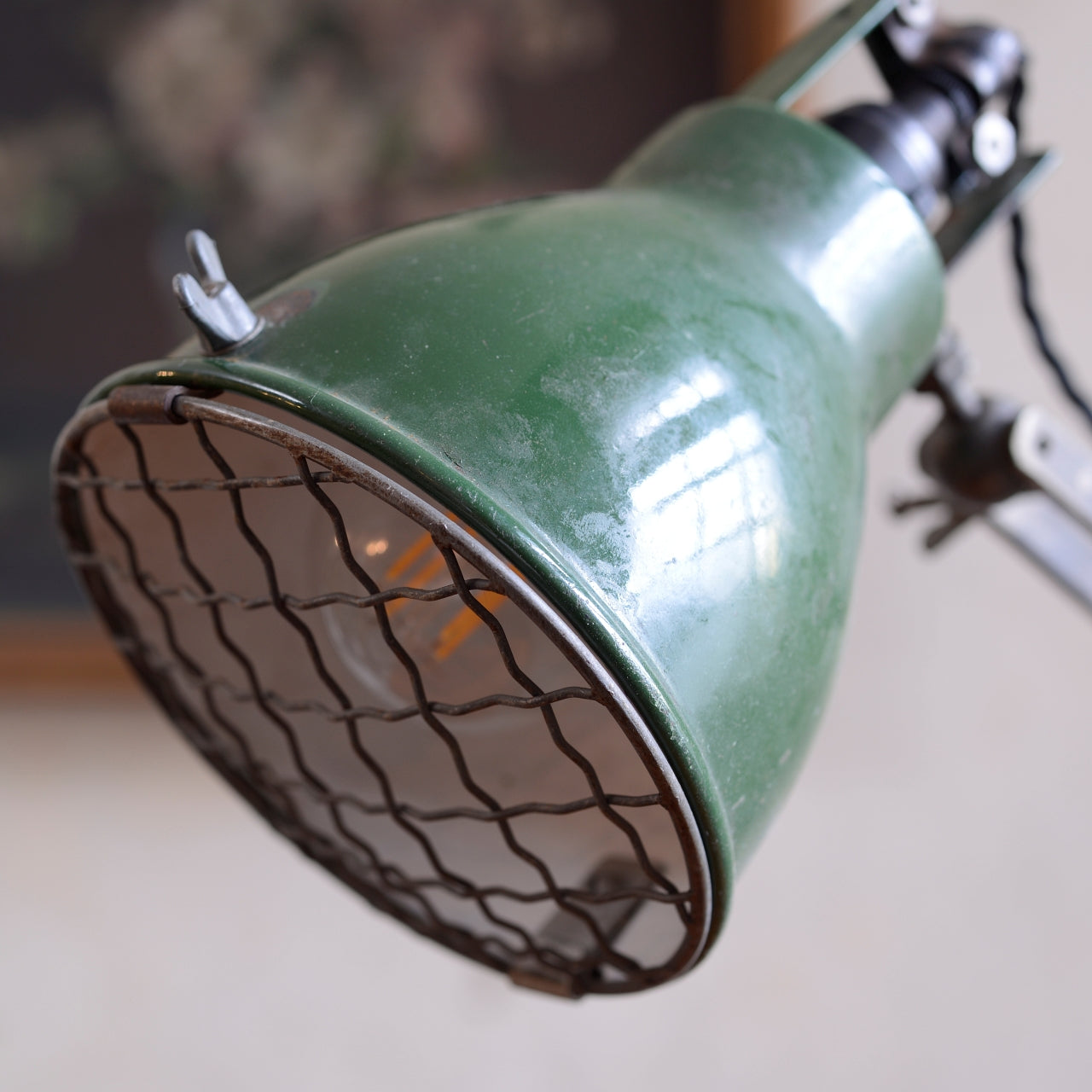 Adjustable Clamping Task Lamp with Green Enamel Shade.