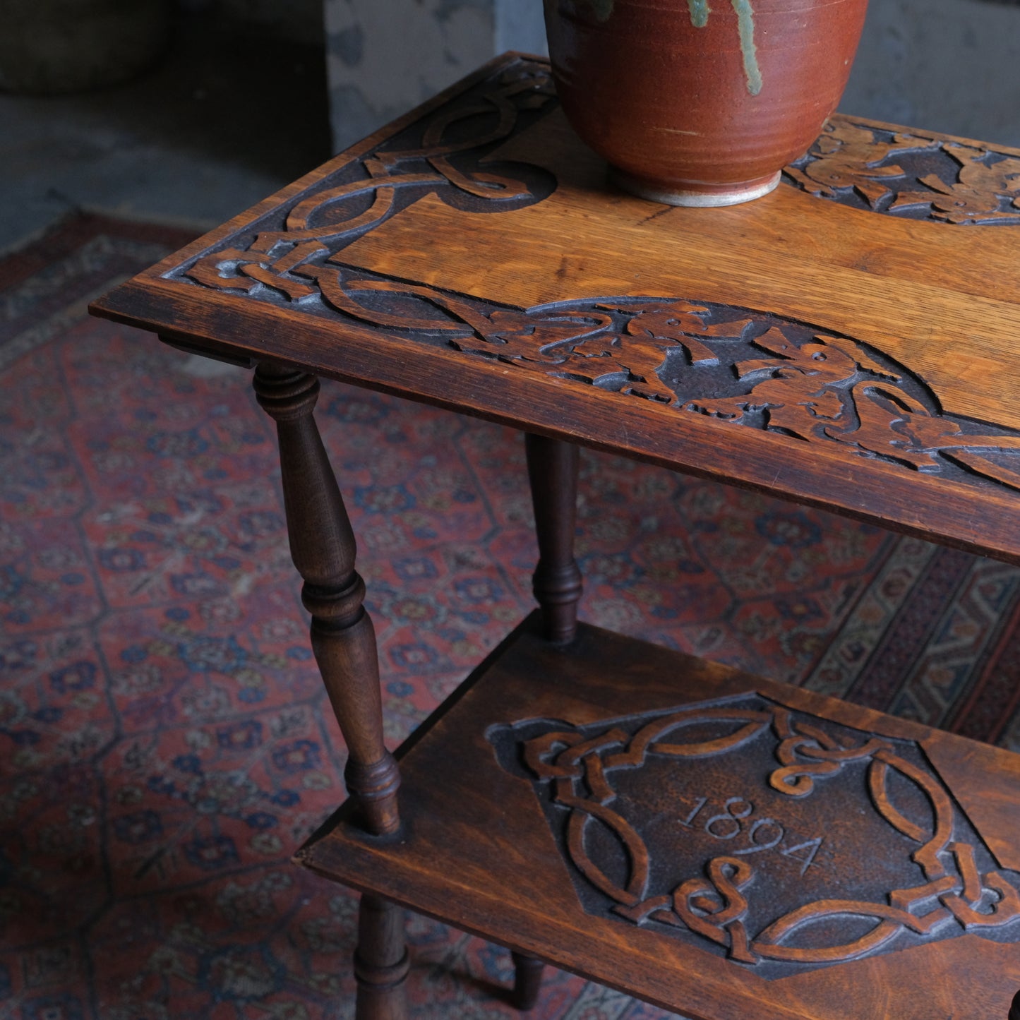 Oak arts and crafts side table - Celtic knots