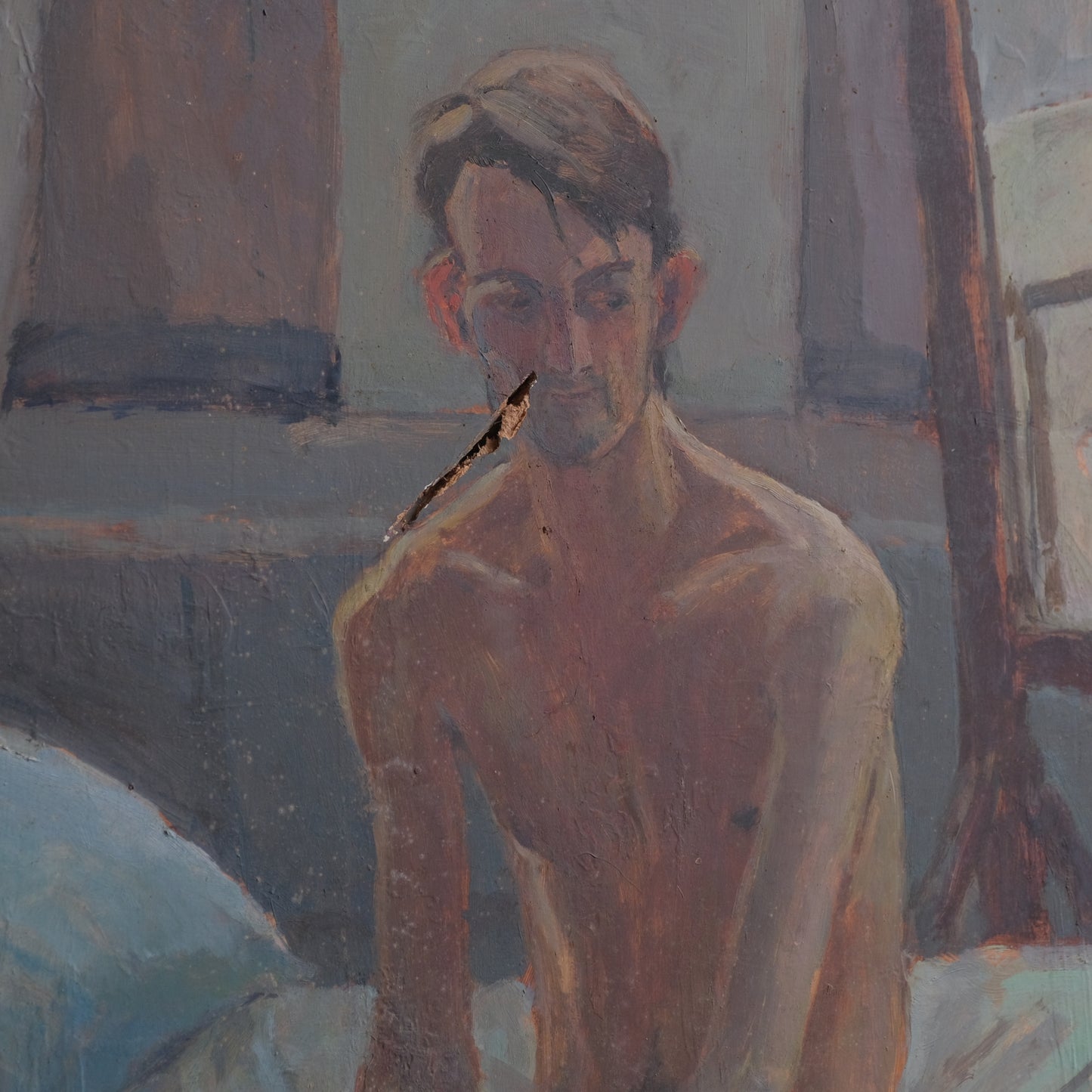 Man on bed painting