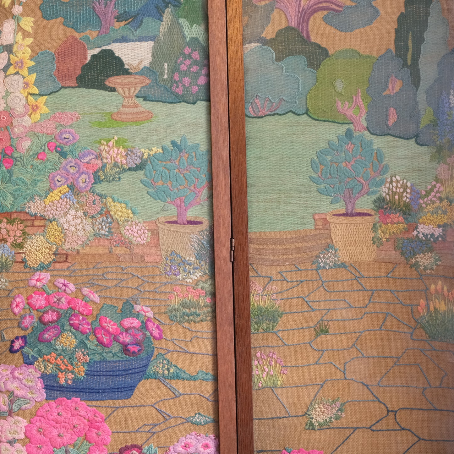 1940’s profusely Embroidered 3 Part Folding Screen