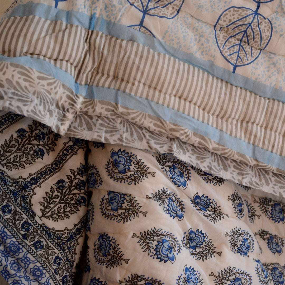 Blue & White Leaves & Flowers - Reversible Block-Print Cotton Padded Quilt