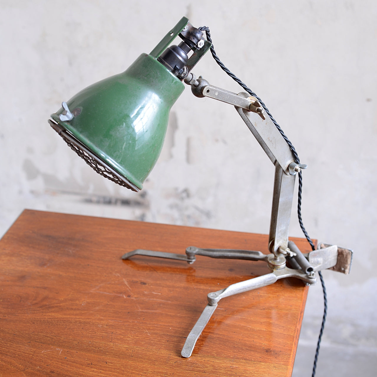 Adjustable Clamping Task Lamp with Green Enamel Shade.