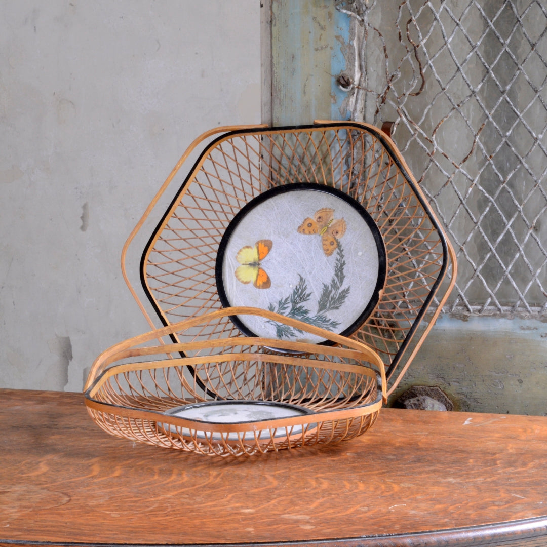 Pair Mid-Century Rattan baskets with Butterflies