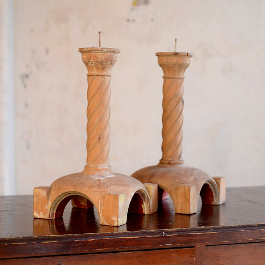 Pair 19thC Pine Spiral Column Candleholders