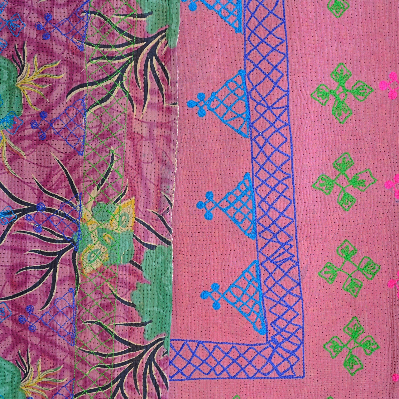 Vintage Finestitch Kantha Quilt with Suzani Embroidery - H