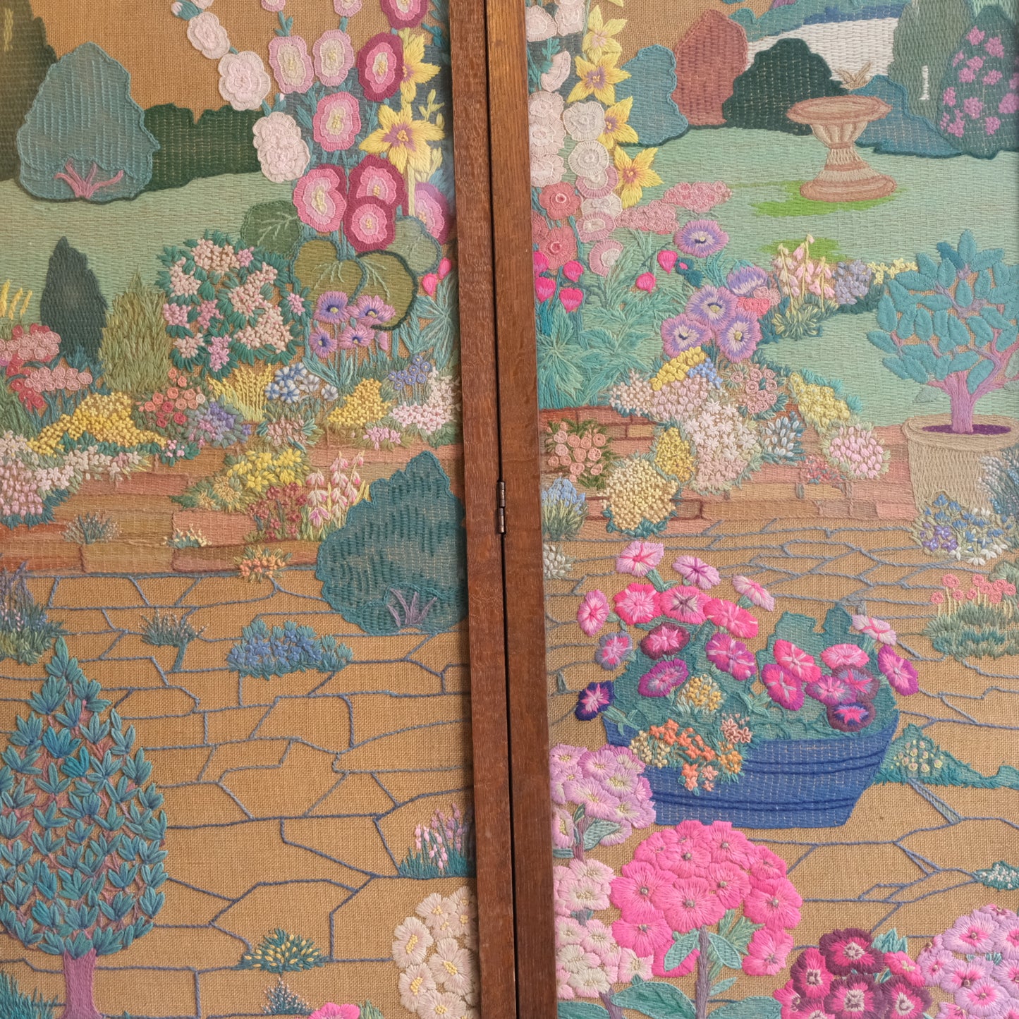 1940’s profusely Embroidered 3 Part Folding Screen