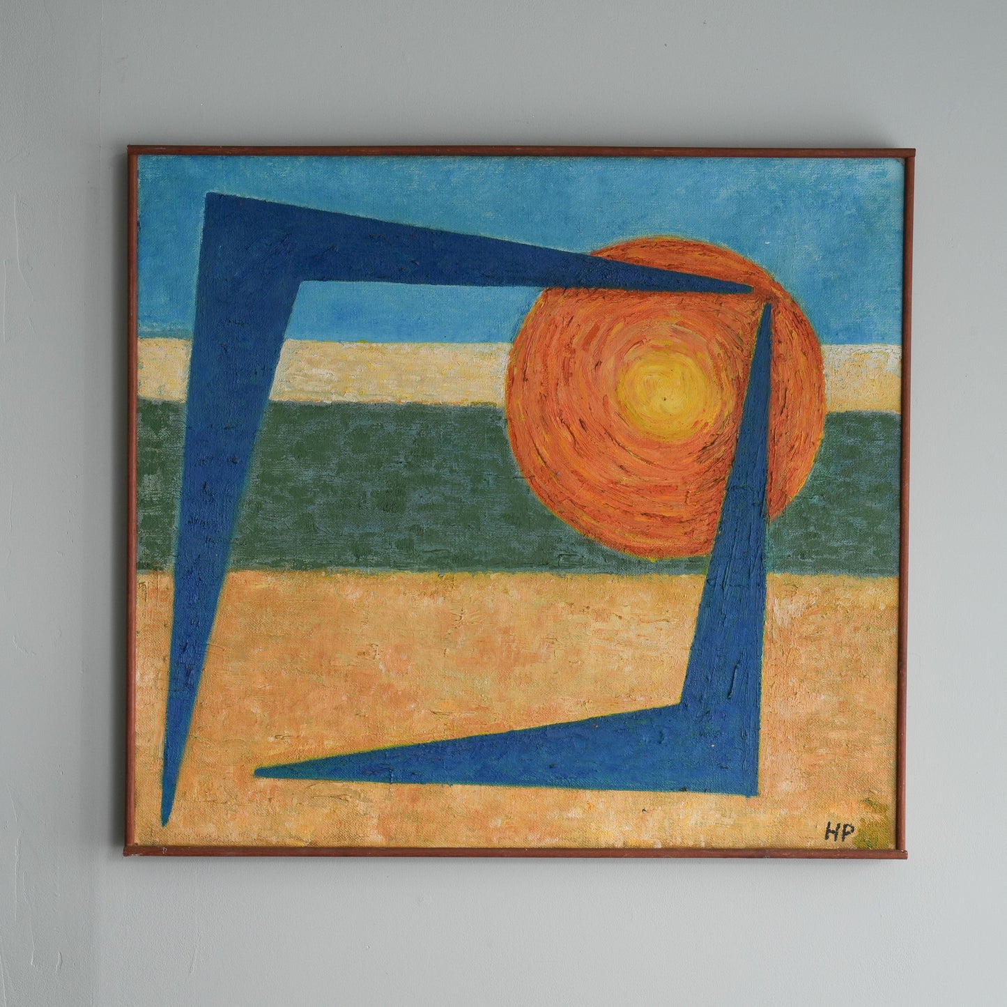 Sunburst with Blue Forms /  (Monogrammed HP), (c. 1960s-1970s)