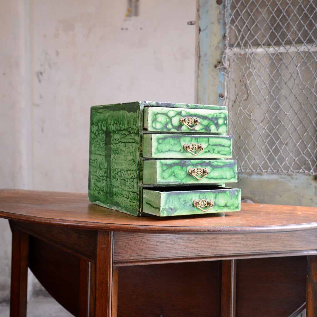 Antique Wooden Table Top Drawers with Green Marbling Paint