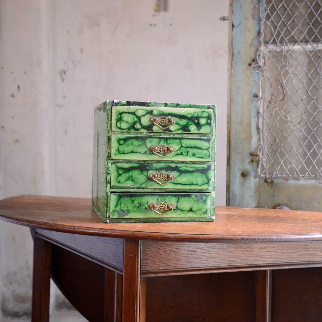 Antique Wooden Table Top Drawers with Green Marbling Paint