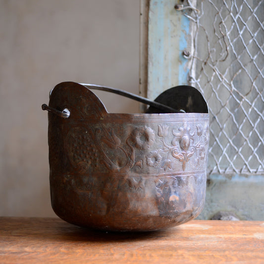 Antique Hand Embossed and Chiselled Decorative Copper Bucket