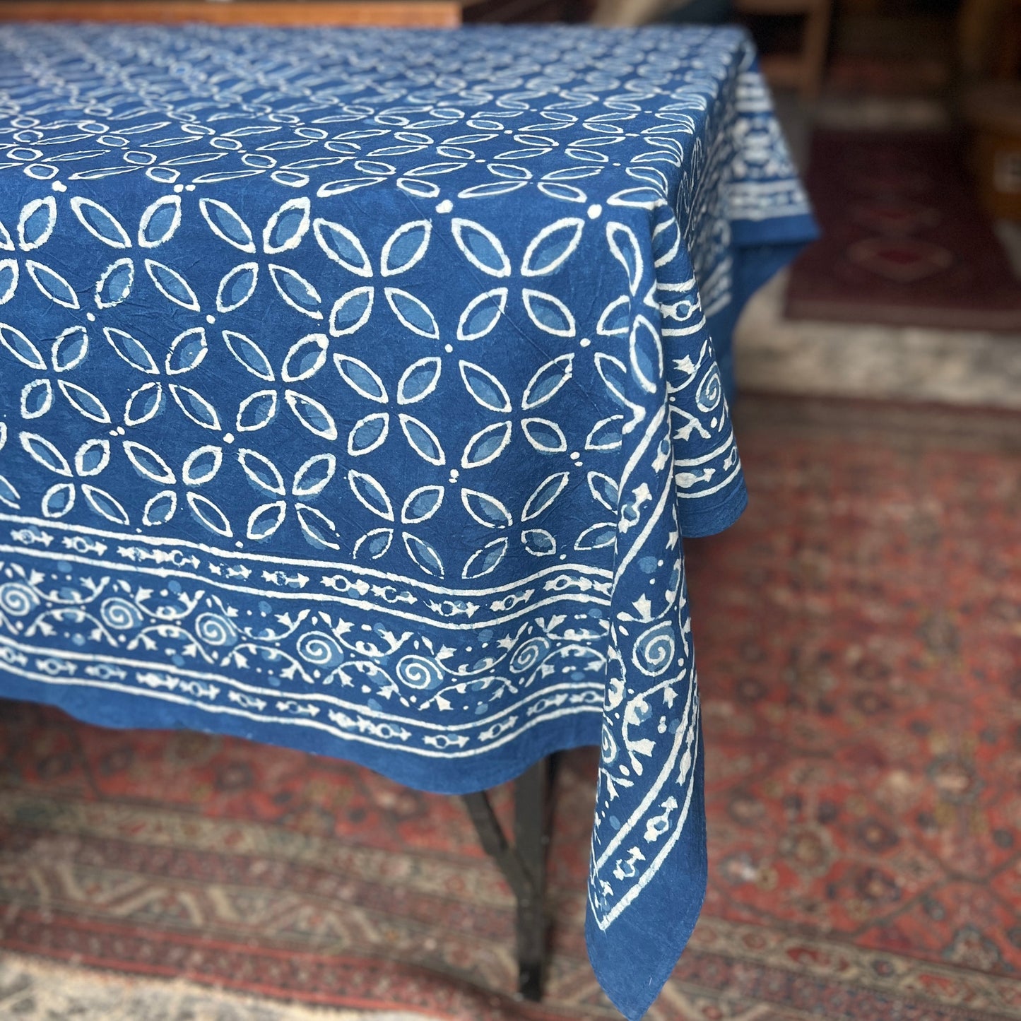 Cotton Hand Block Printed Tablecloth - Indigo C