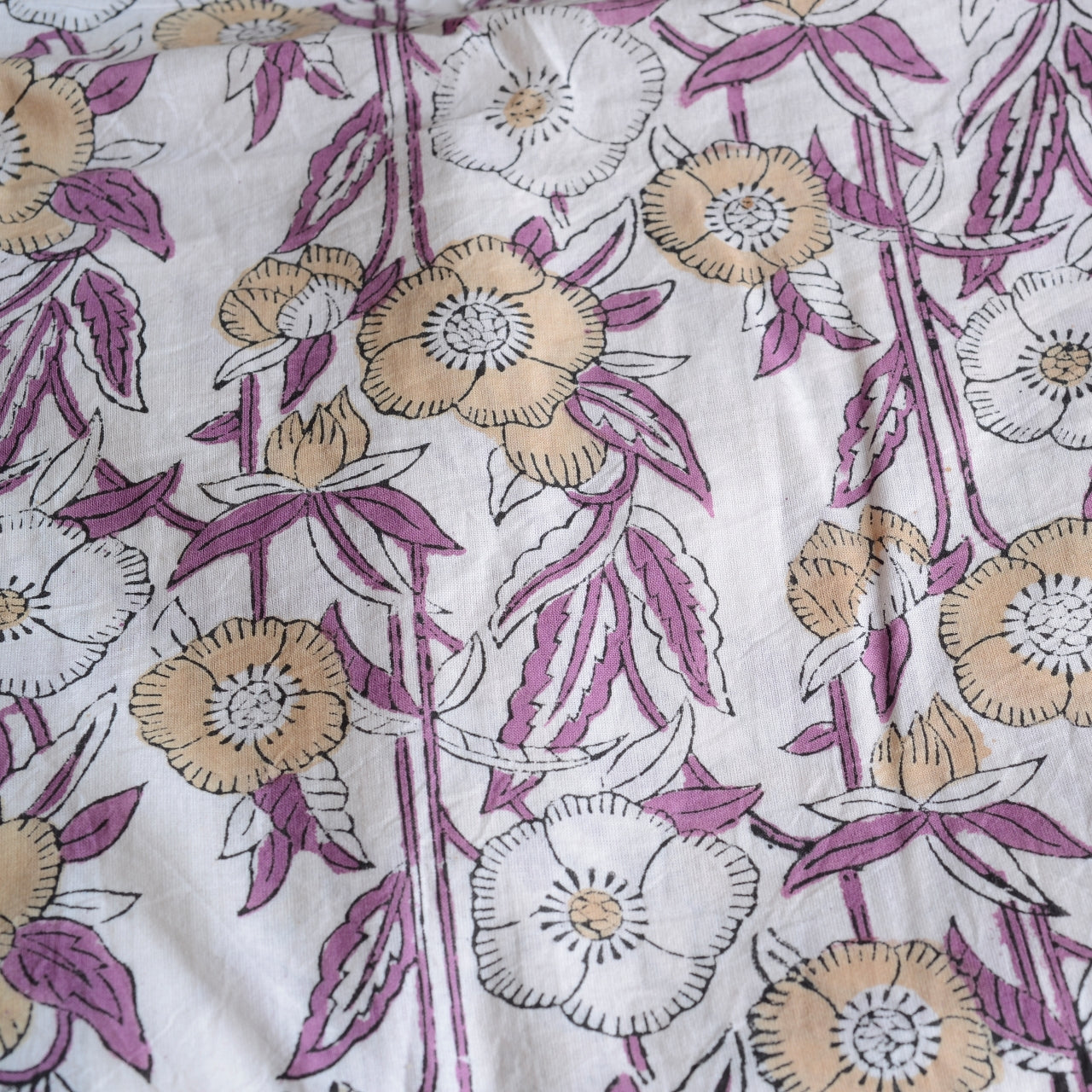 Block Print Cotton Fabric - Large Purple Flowers