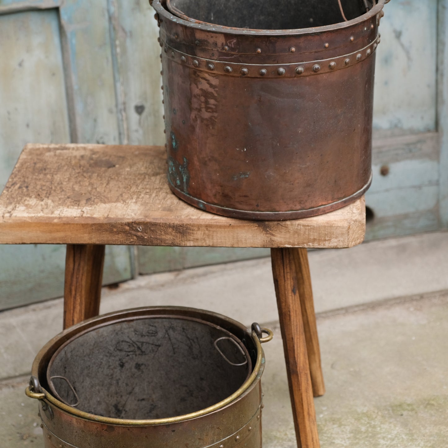 Pair Rivetted Copper Buckets with Liners