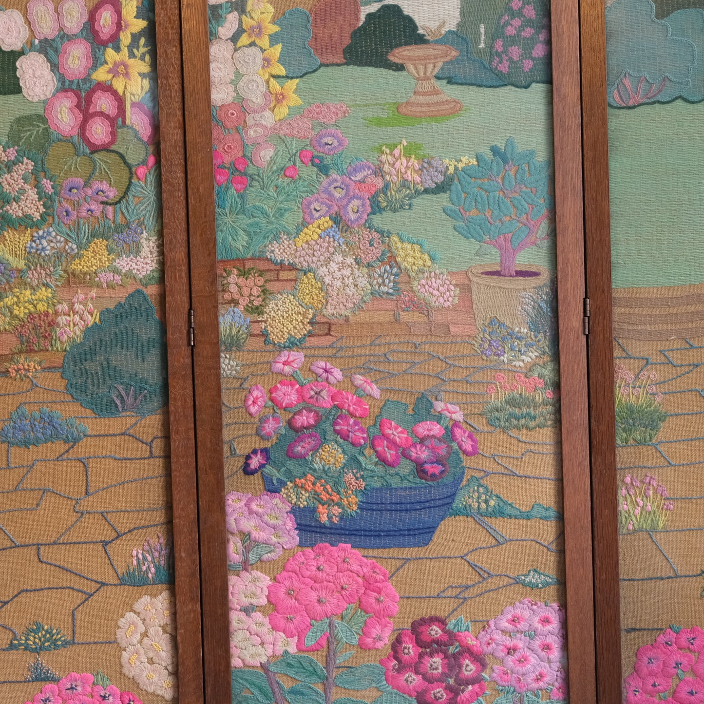 1940’s profusely Embroidered 3 Part Folding Screen