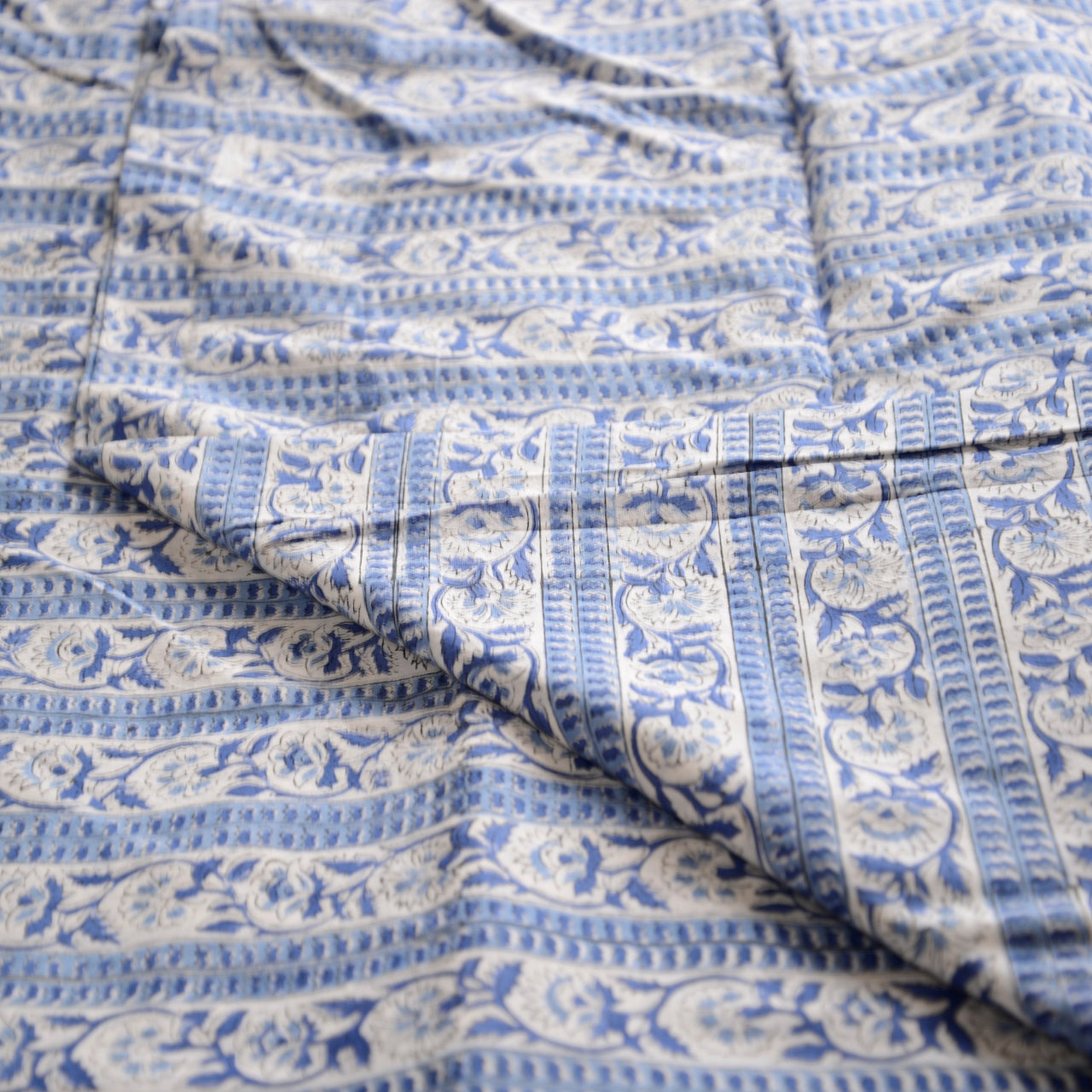 Block Print Cotton Fabric - Blue & White Flowers