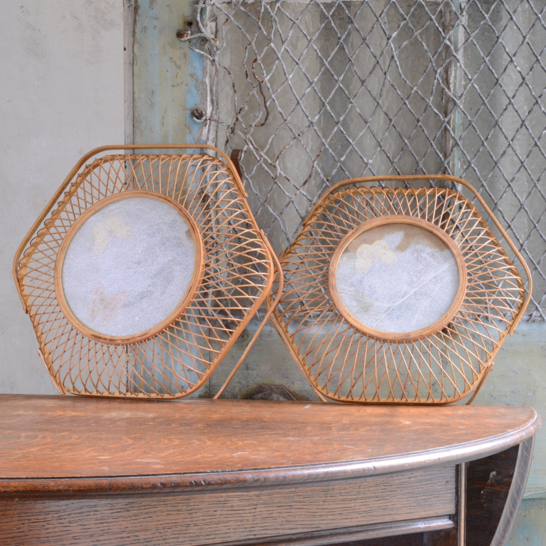 Pair Mid-Century Rattan baskets with Butterflies