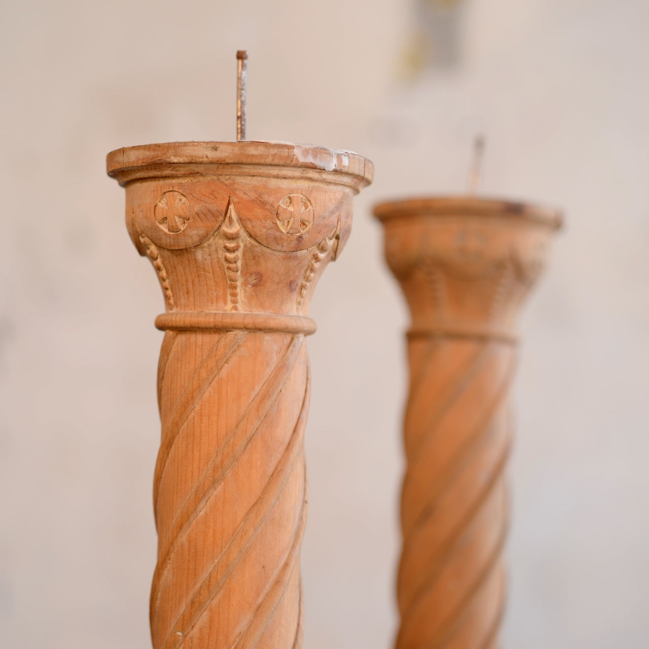 Pair 19thC Pine Spiral Column Candleholders