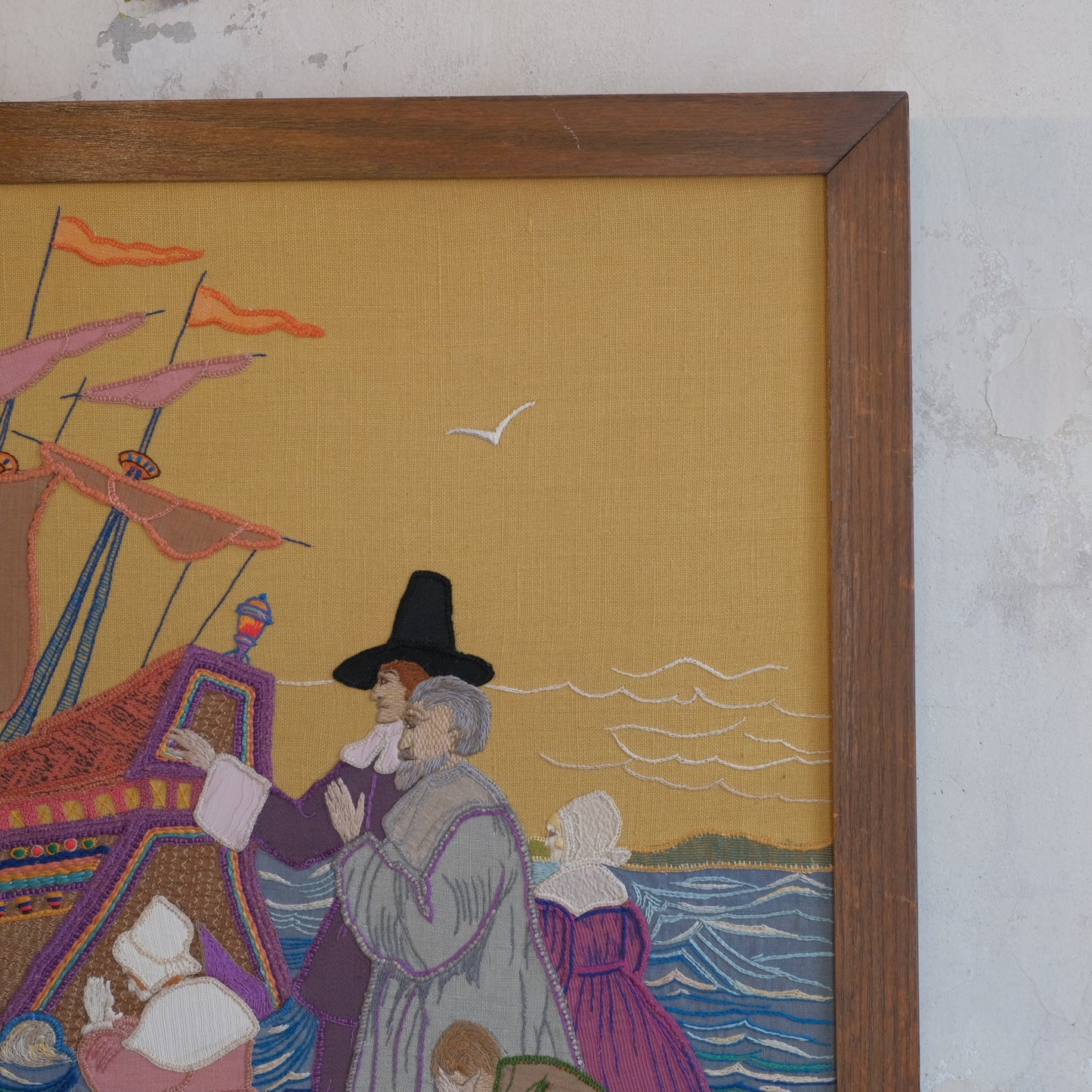 1930's Embroidery depicting Christopher Columbus' ships departure