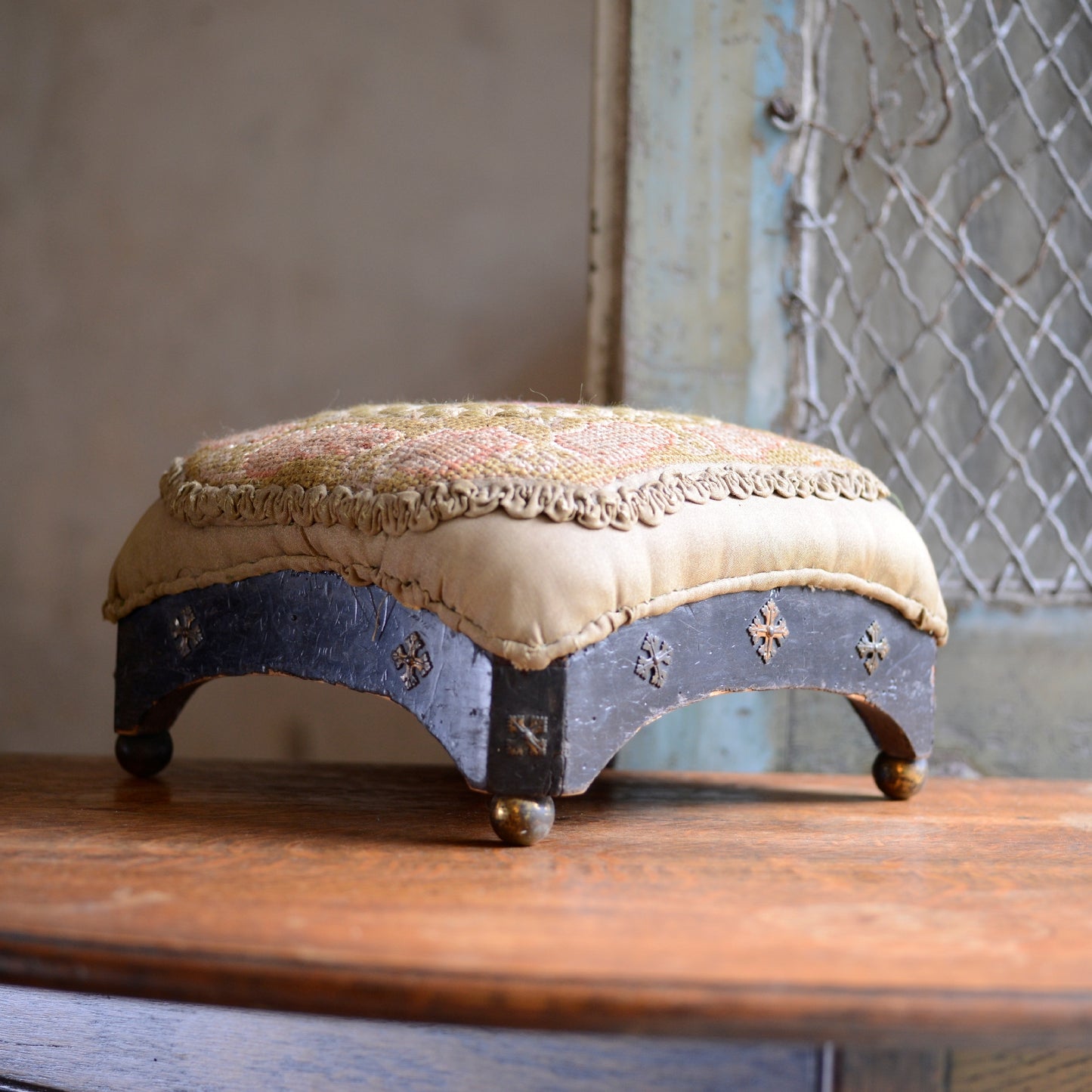 Antique Ebonised Foot Stool with brass feet & Original Tapestry Top