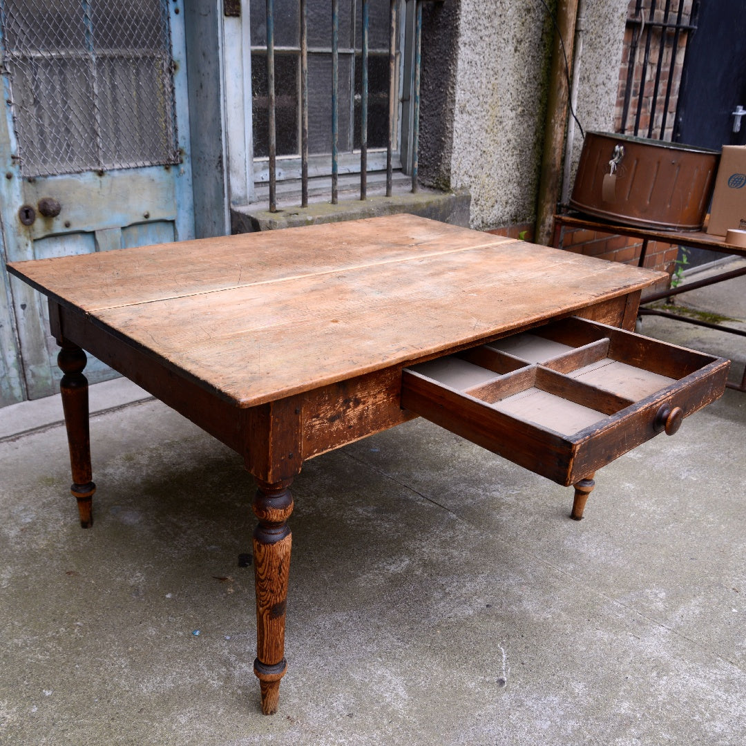 19thC Pine Prep Farmhouse Kitchen Table - Scrubbed Two Plank Top