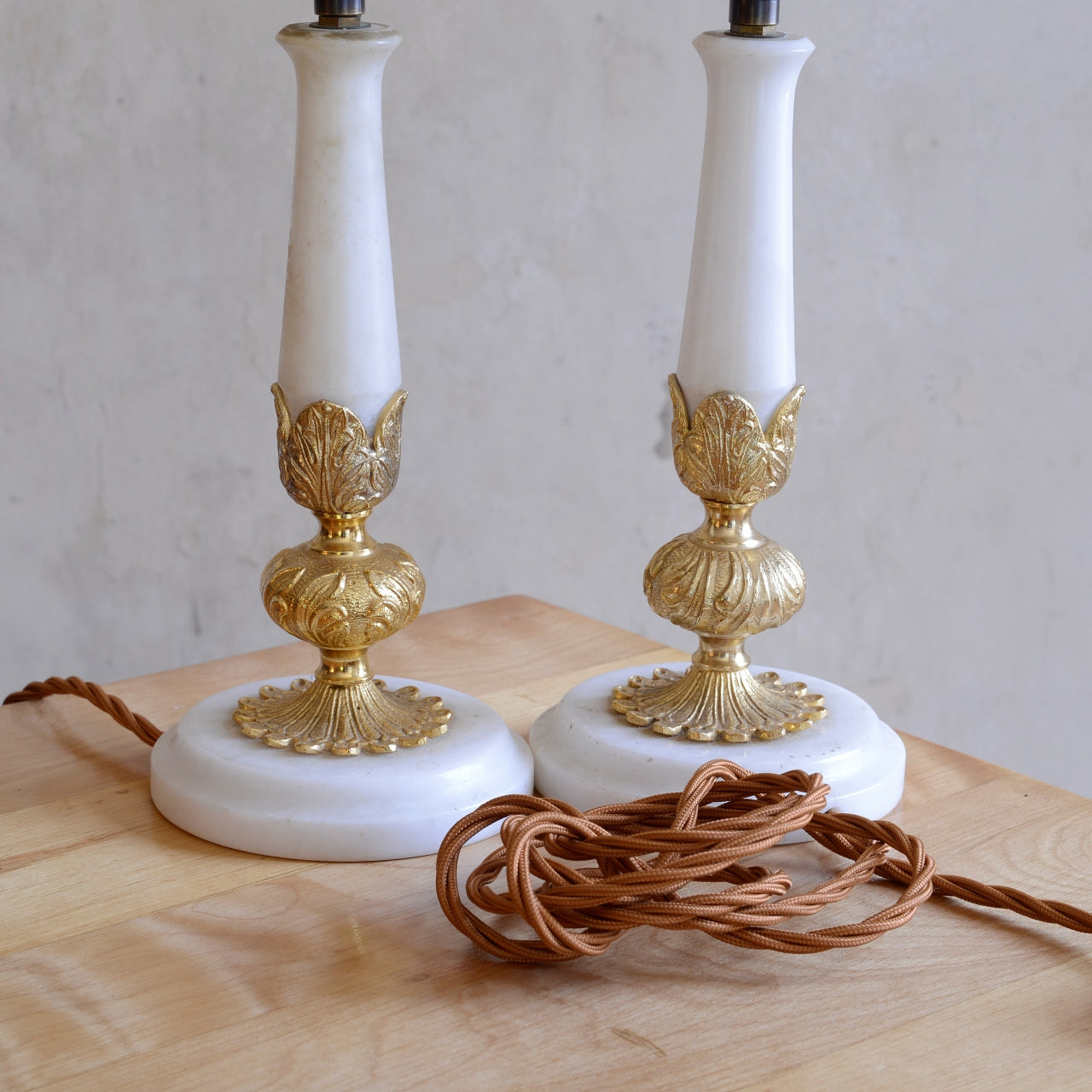 Pair French White Alabaster & Gilt Brass Table Lamps