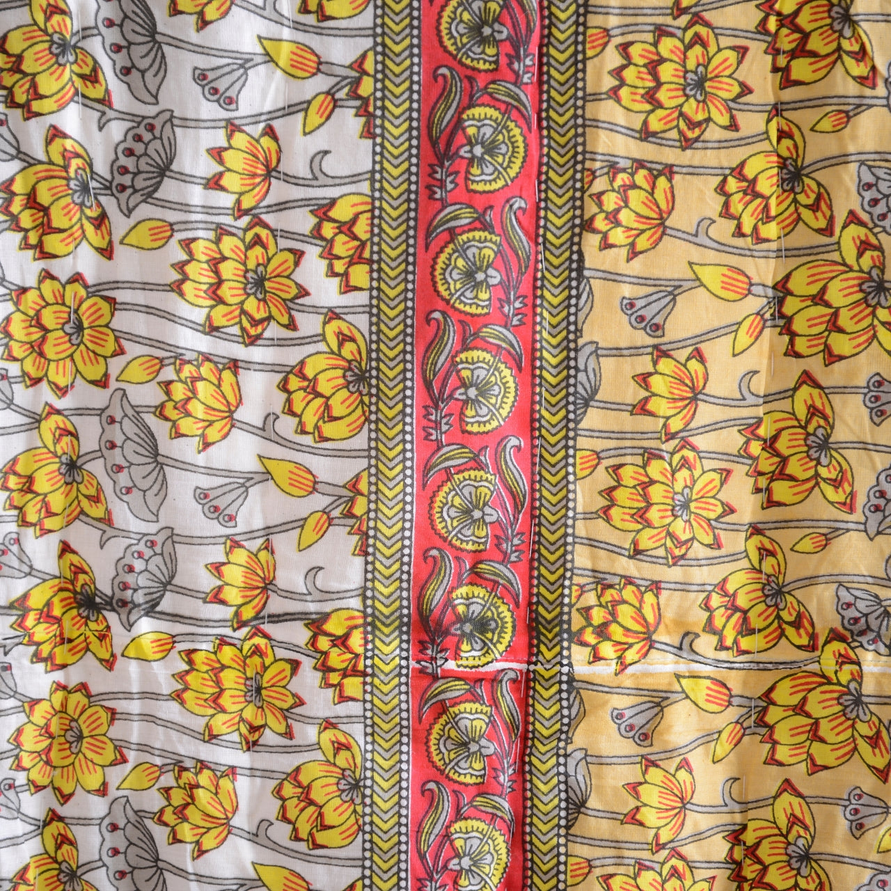 Kingsize Reversible Block-Print Cotton Padded Quilt | Mustard & Red & Yellow Flowers