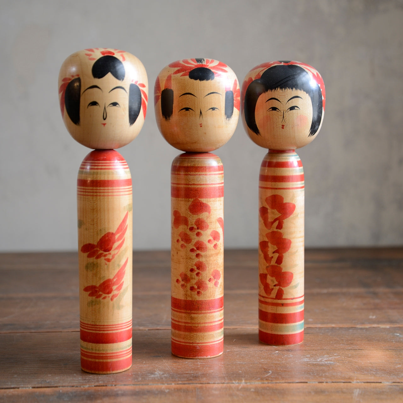 Set of 3 Traditional Japanese Folk Art Kokeshi Dolls