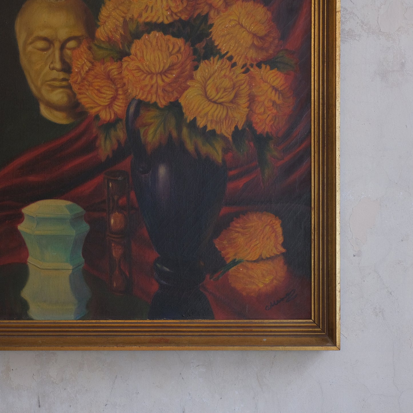 Death Mask & Floral Still Life Painting