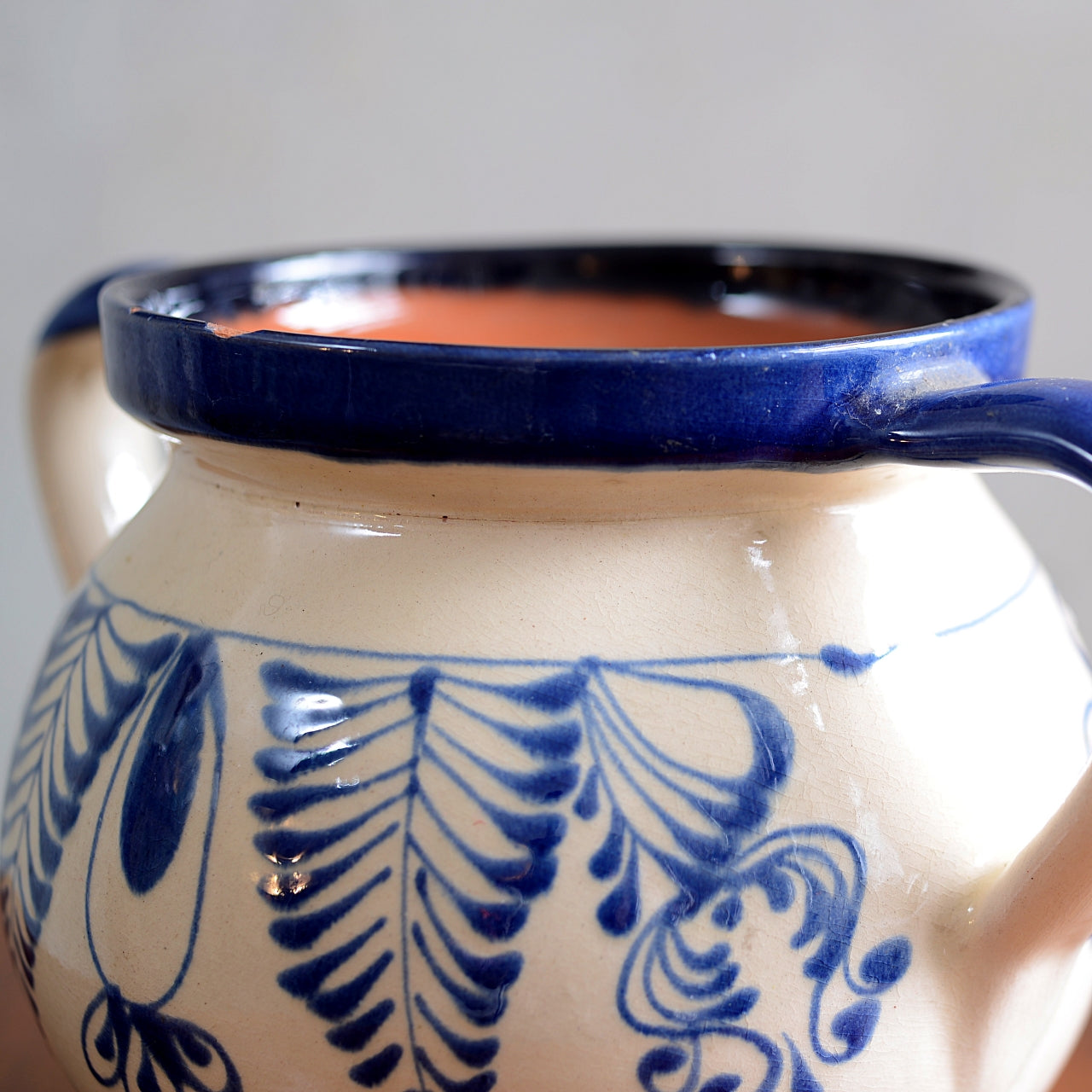 Hungarian Folk Art Blue on Cream Slipware Pot