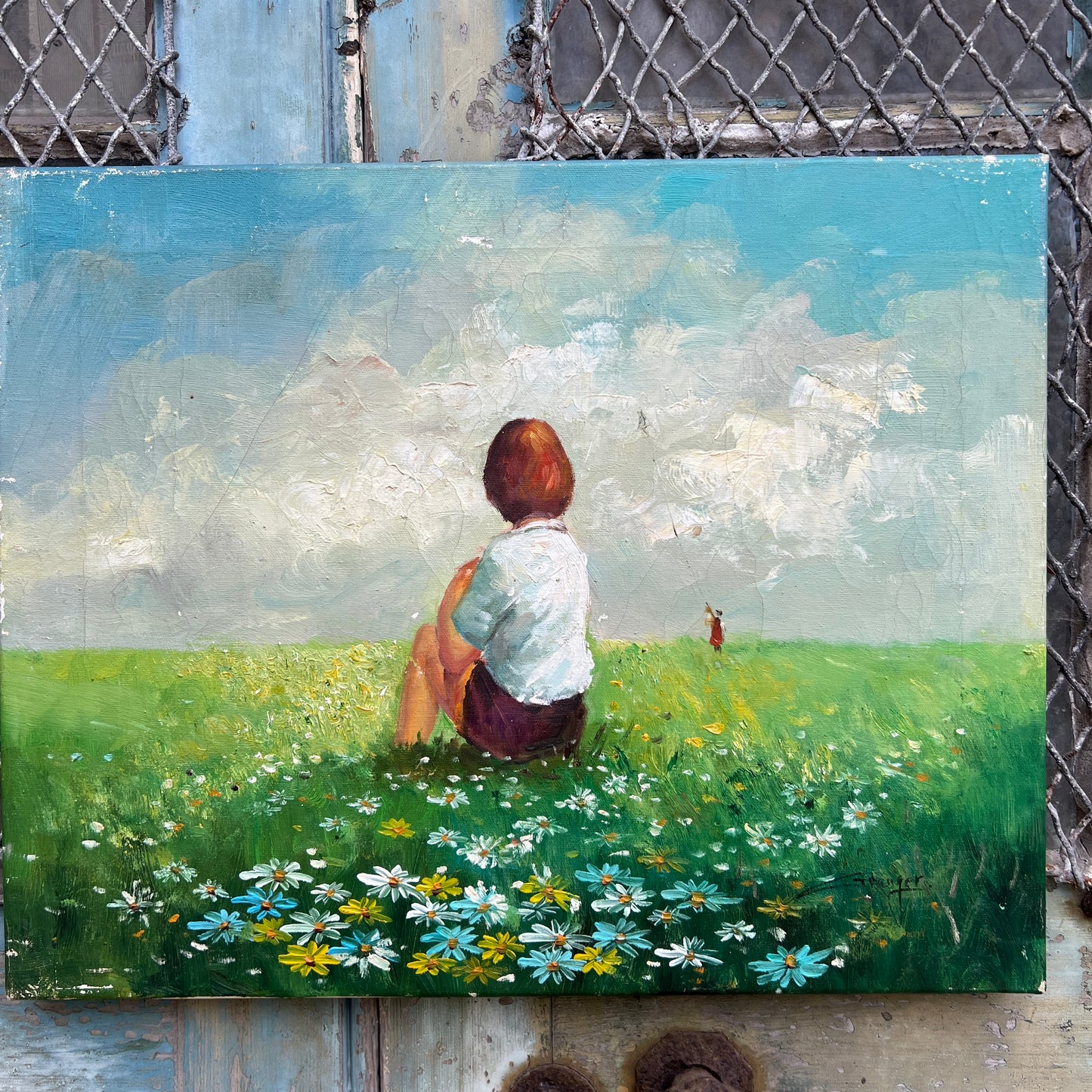Sitting Child & Kite Oil Painting