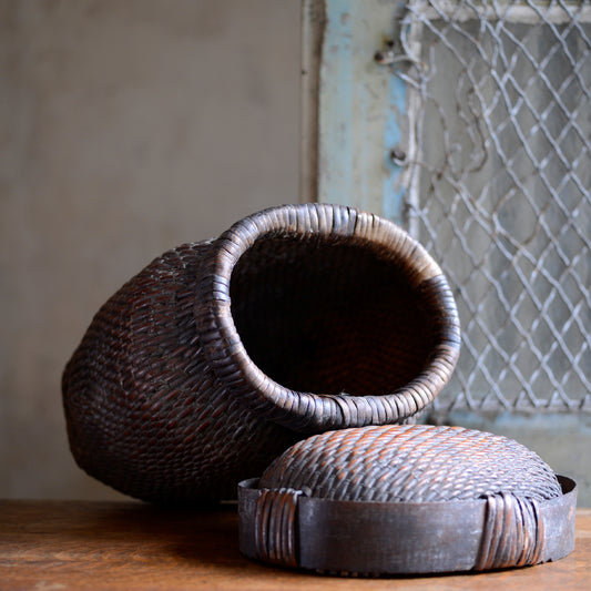 Antique Chinese Willow and Wood Fish basket and Lid