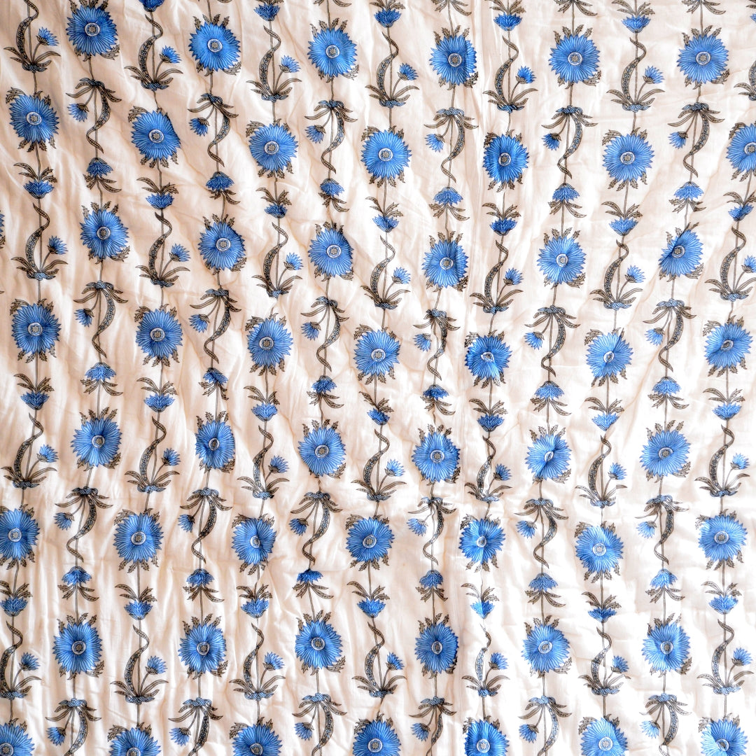 Blue & White Paisley & Flowers - Reversible Block-Print Cotton Padded Quilt