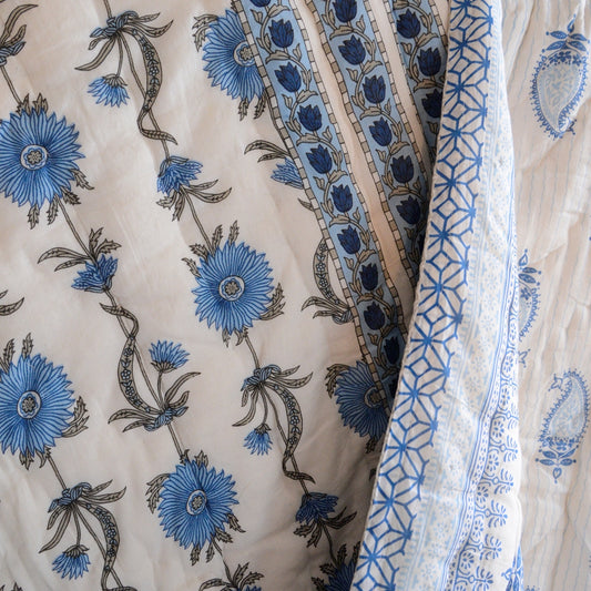 Blue & White Paisley & Flowers - Reversible Block-Print Cotton Padded Quilt