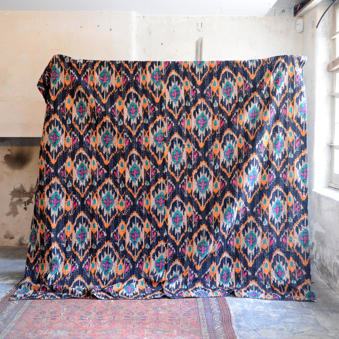 Black Ikat - Block-Print Cotton Kantha Quilt - Kingsize