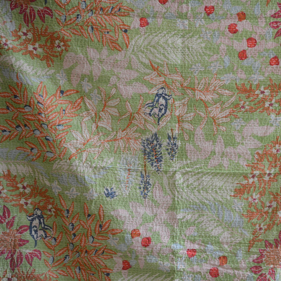 Lime and Orange Leaves - Block-Print Cotton Kantha Quilt - Kingsize