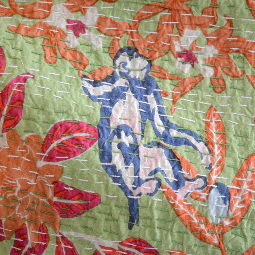 Lime and Orange Leaves - Block-Print Cotton Kantha Quilt - Kingsize