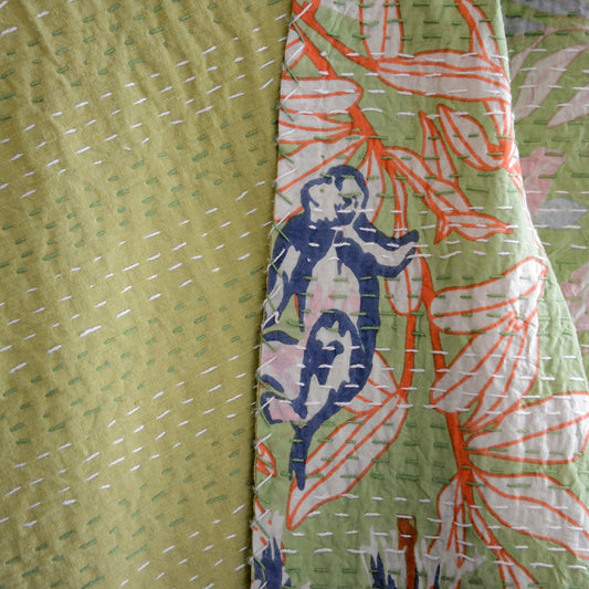 Lime and Orange Leaves - Block-Print Cotton Kantha Quilt - Kingsize