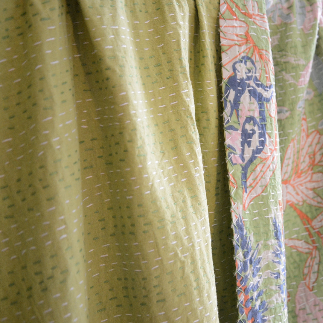 Lime and Orange Leaves - Block-Print Cotton Kantha Quilt - Kingsize