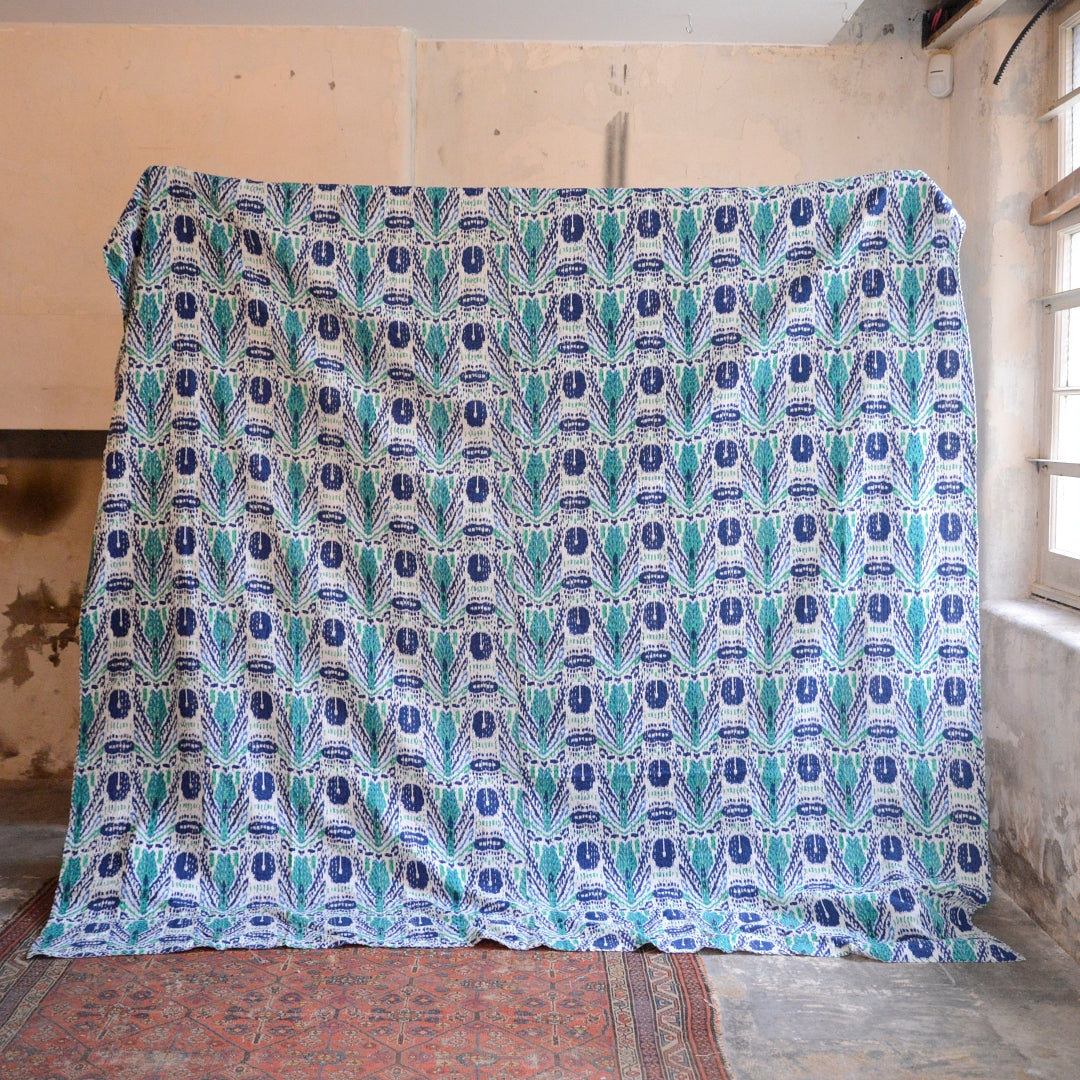 Navy and White Ikat - Block-Print Cotton Kantha Quilt - Kingsize