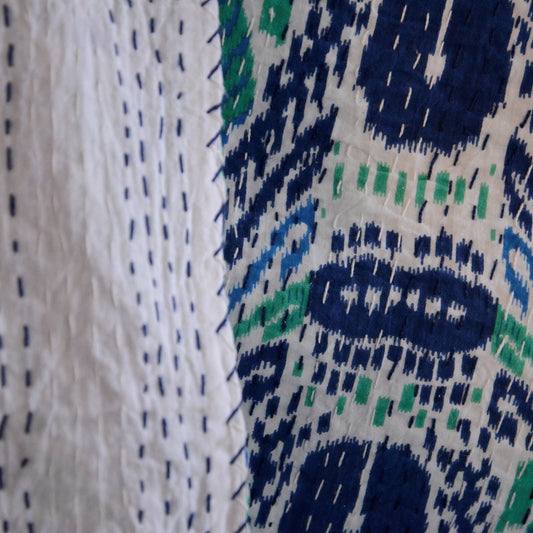 Navy and White Ikat - Block-Print Cotton Kantha Quilt - Kingsize